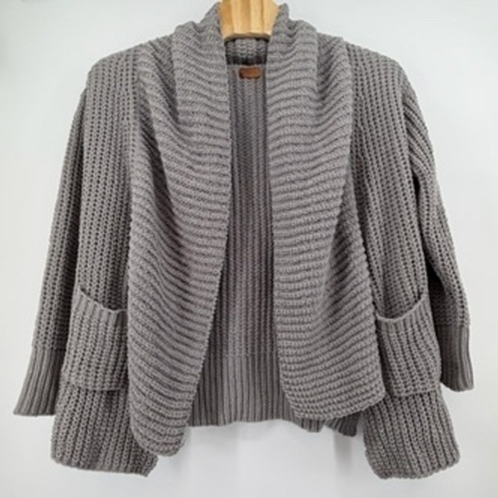 POLI‎ Womens Grey Waffle Knit Shawl Collar Cardigan Sweater JST352